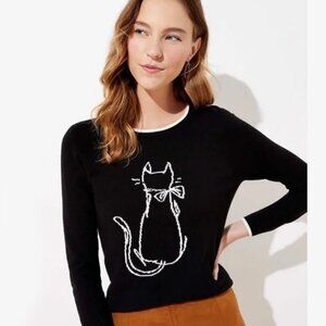 Ann Taylor LOFT Cat with Bow Sweater Black and White Small